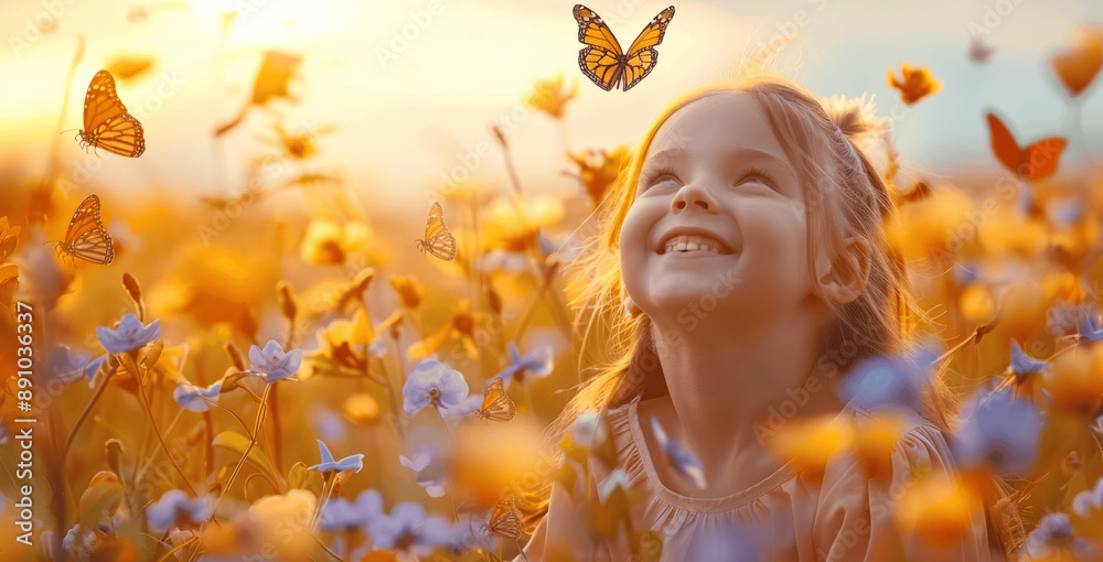 Fototapeta premium Little girl laughing with butterflies in a vibrant spring flower field at sunset