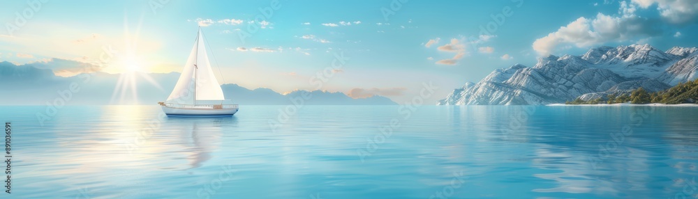 Fototapeta premium Sailboat on Serene Blue Water at Sunrise