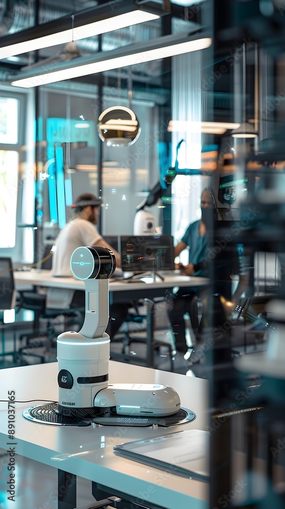 Fototapeta premium An innovative workspace with collaborative robots (cobots) working alongside humans