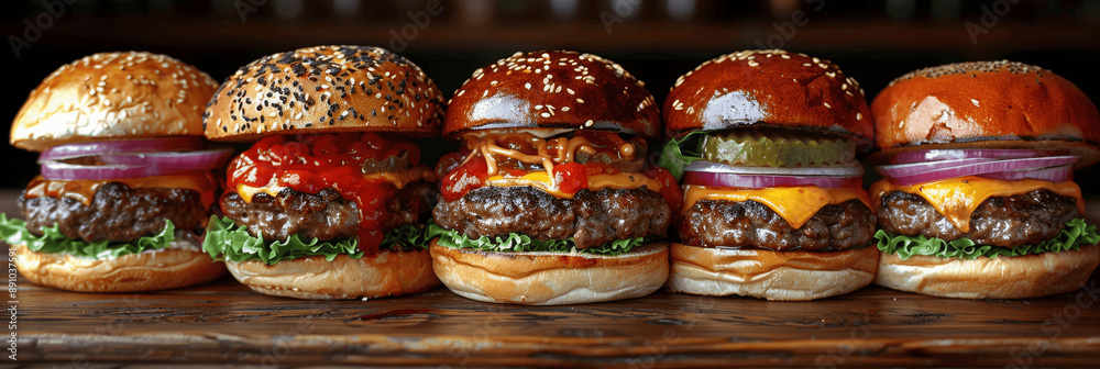 Delicious Cheeseburgers on Wooden Table with Dark Background Delicious Cheeseburgers on Wooden Table with Dark Background
