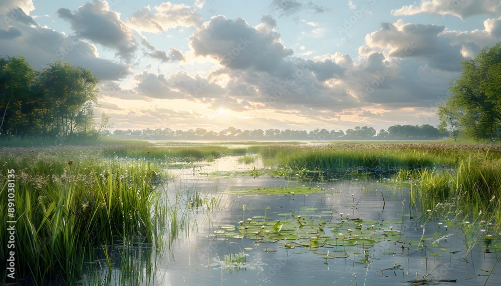 Obraz premium A calm lake with lily pads, surrounded by lush greenery and a distant line of trees under a cloudy sky