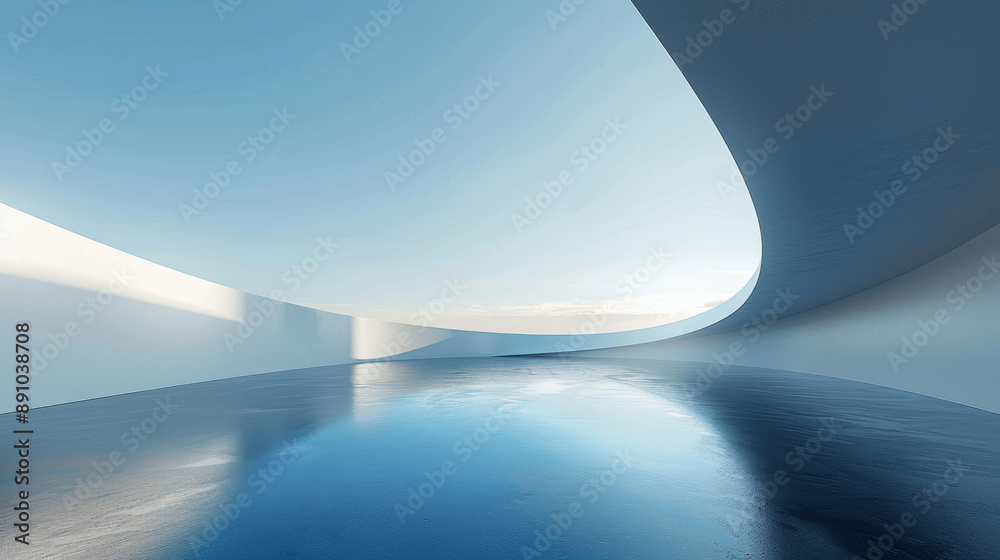 3D Render of Minimalist Curved Wall on Water Surface with Blue Sky Background 3D Render of Minimalist Curved Wall on Water Surface with Blue Sky Background
