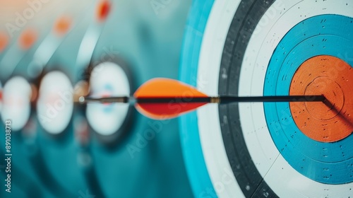 An archery competition scene with multiple archers in action, all aiming at the same bullseye, emphasizing focus, competition, and precision