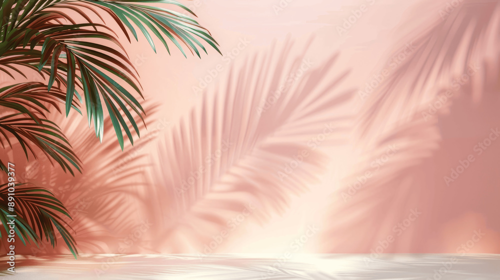 Palm Leaf Shadows on Light Peach Wall for Summer and Vacation Product Mockup Palm Leaf Shadows on Light Peach Wall for Summer and Vacation Product Mockup
