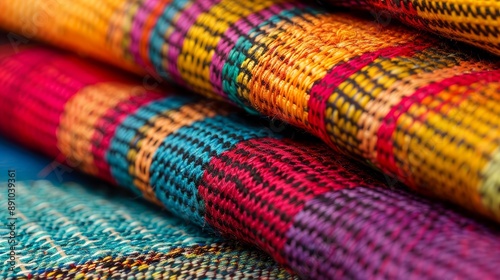 A close-up of intricate weaving patterns in vibrant colors, highlighting the textures and details of handwoven fabric, capturing the essence of traditional craftsmanship