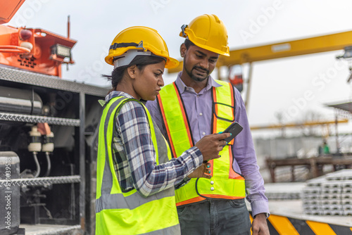 Two constructors or civil engineers using smartphone or tablet to manage progress at a development project site. Applying information and technology for construction work on the ground.