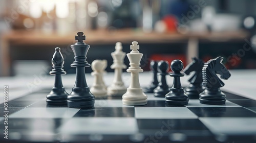 Chessboard with pieces made of different tools, scores floating in the background, a metaphor for strategic alignment in mechanics photo