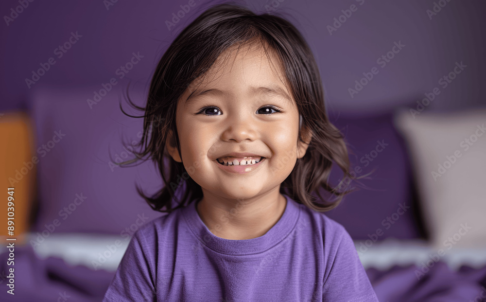 Happy Asian Toddler Boy Laughing in Purple T-shirt on Violet Background Happy Asian Toddler Boy Laughing in Purple T-shirt on Violet Background