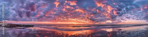 Early morning beach with a spectacular sunrise and vibrant clouds, showcasing the start of a new day