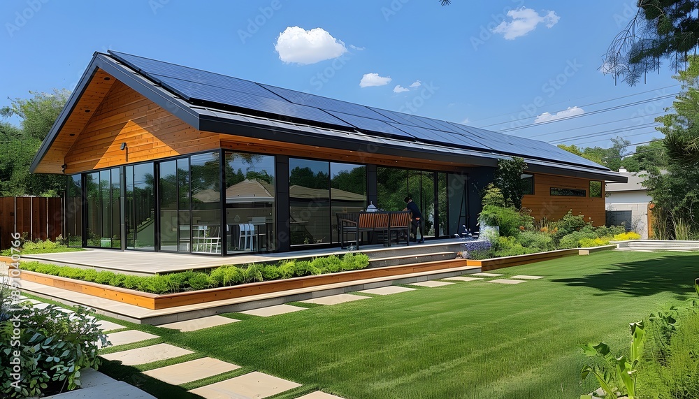 A modern house with large windows and a wooden exterior A modern house with large windows and a wooden exterior
