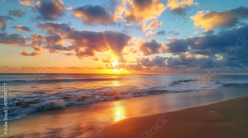 Early morning beach with a spectacular sunrise and vibrant clouds, showcasing the start of a new day © Spectrum