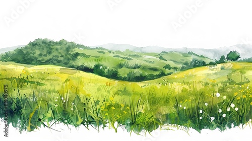 Watercolor landscape of a lush grass of gentle slopes in a rural scene on white background