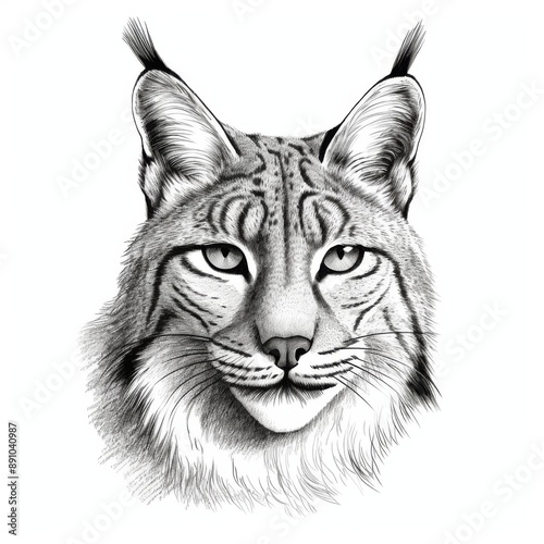 Black and white Vintage engraved art of a portrait of a lynx isolated on white background, ink sketch illustration, simple vector art design, highly detailed line art, high contrasty © Art Resources