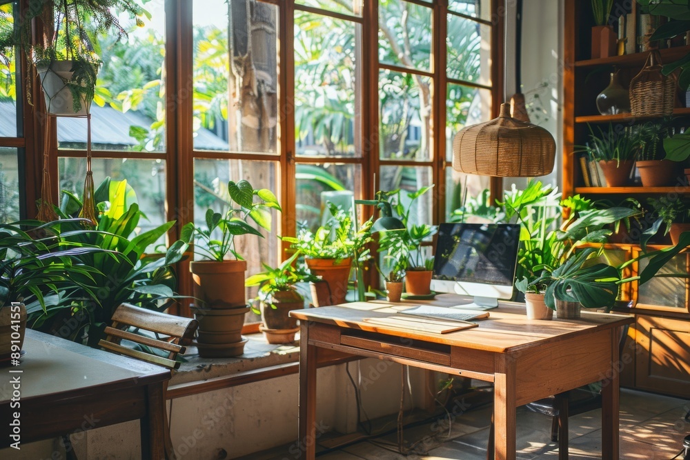 Sunlit Home Office with Greenery and Wooden Desk Sunlit Home Office with Greenery and Wooden Desk