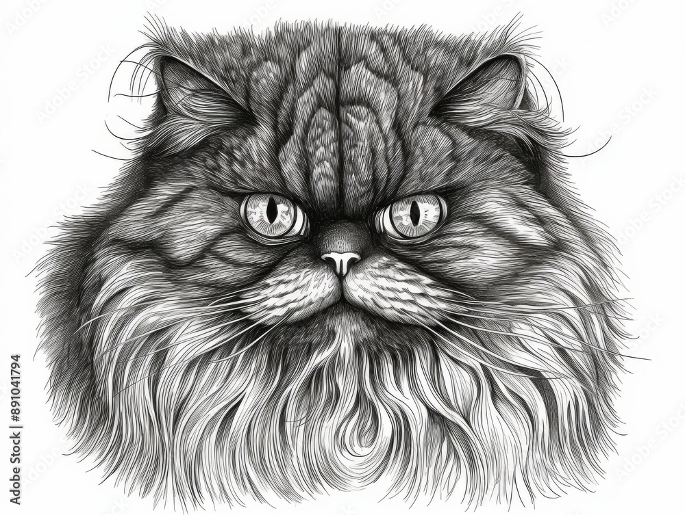 Black and white Vintage engraved art of a Persian cat isolated on white ...