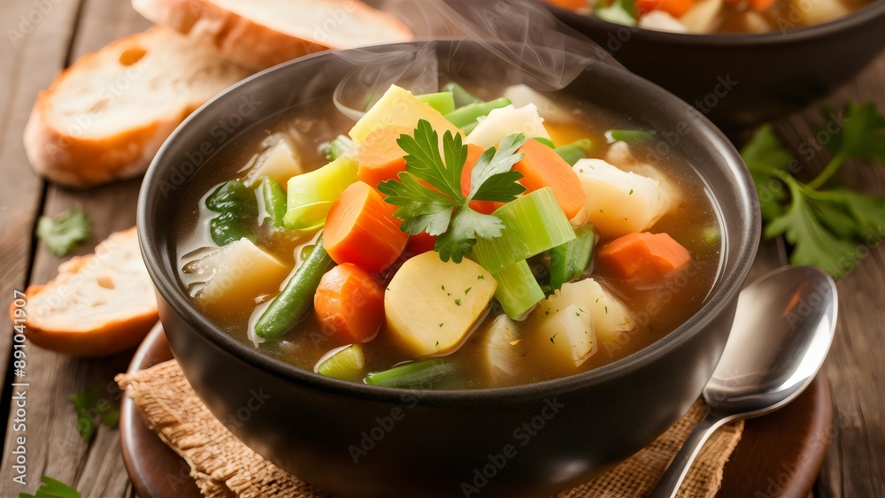 Hearty Vegetable Soup: Steaming Bowl with Fresh Parsley and Crusty Bread Hearty Vegetable Soup: Steaming Bowl with Fresh Parsley and Crusty Bread