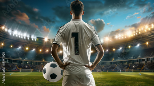 a soccer player with number 1 on the jersey stands in front of the stadium and holds a soccer ball