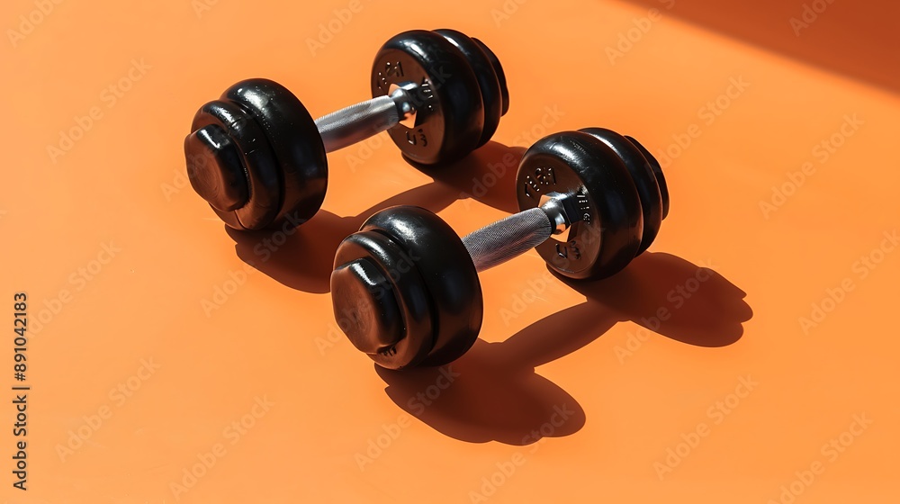 A pair of black modern dumbbells on a orange background A pair of black modern dumbbells on a orange background