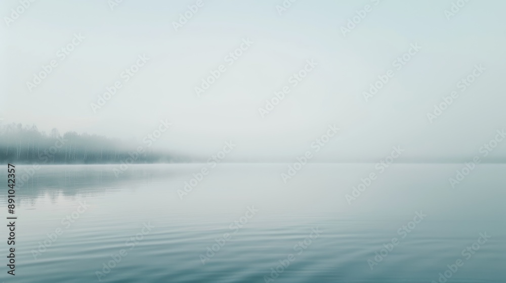 Fototapeta premium A serene lake overlaid with a thin layer of mist, the water surface barely visible, creating a peaceful and ethereal morning scene