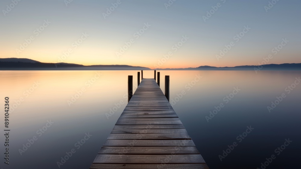 A serene lakeside dock made from aged timber, with calm waters and a beautiful sunset in the background A serene lakeside dock made from aged timber, with calm waters and a beautiful sunset in the background