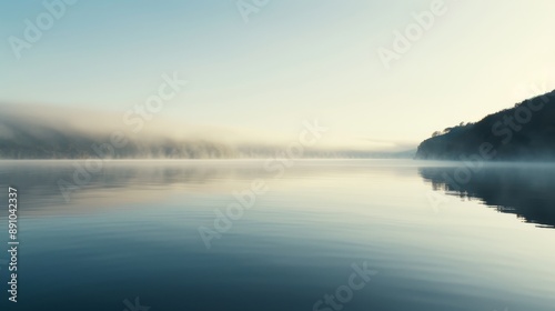 A serene lake overlaid with a thin layer of mist, the water surface barely visible, creating a peaceful and ethereal morning scene