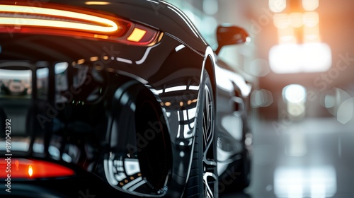 A sleek black sports car with a mirror-like lacquer finish, highlighting every curve and detail under bright lights