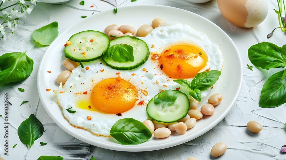 A pair of eggs fried in organic vegetable oil and served on a white serving plate with beans fresh cucumbers and green leaves delicious and healty breakfast for every day A pair of eggs fried in organic vegetable oil and served on a white serving plate with beans fresh cucumbers and green leaves delicious and healty breakfast for every day