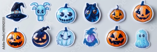 Vibrant Collection of Rhinestone Halloween Stickers Featuring Glittery Pumpkins, Bats, and Spiders on a Stark White Background © MiniMaxi