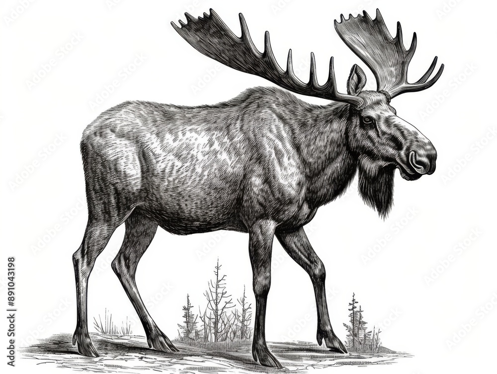 Obraz premium Black and white Vintage engraved art of a moose isolated on white background, ink sketch illustration, simple vector art design, highly detailed line art, high contrast