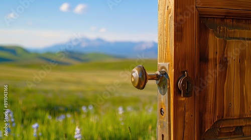 Door Lock with the Door Ajar, Set Against a Serene Landscape Featuring Green Meadows, a Blue Sky, and Distant Mountains, Capturing a Tranquil and Picturesque Scene photo