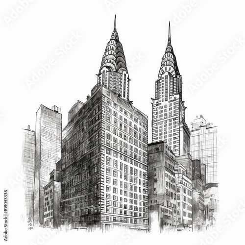 Black and white Vintage engraved art of a Manhattan isolated on white background, ink sketch illustration, simple vector art design, highly detailed line art, high contrasty. © Art Resources
