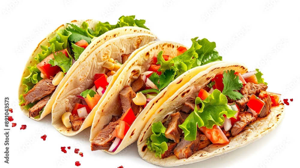 Mexican tacos with meat and vegetables isolated on white background Mexican tacos with meat and vegetables isolated on white background