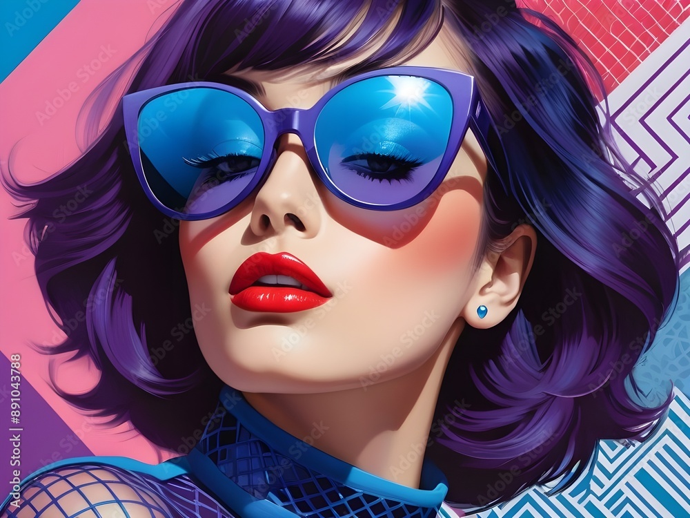 Woman with purple hair and blue sunglasses posing for a photo. Woman with purple hair and blue sunglasses posing for a photo.