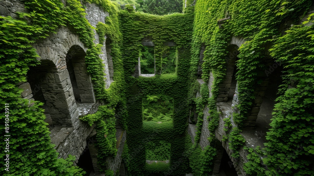 An ancient castle layered with lush green moss and vines, nature reclaiming the stone walls, creating a mystical and enchanting scene An ancient castle layered with lush green moss and vines, nature reclaiming the stone walls, creating a mystical and enchanting scene