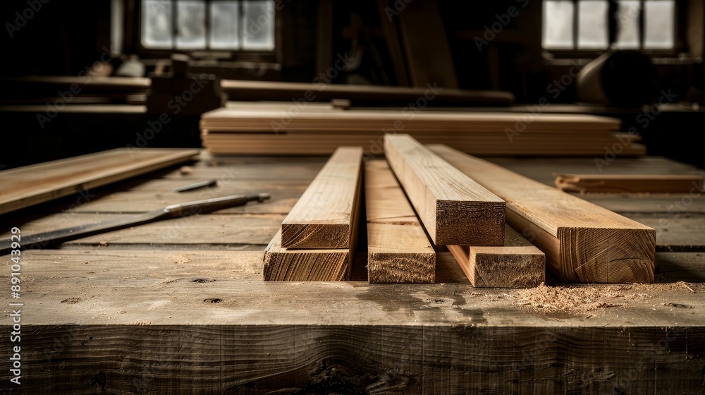 An artisan workshop with wooden planks and tools, evoking a sense of craftsmanship and tradition