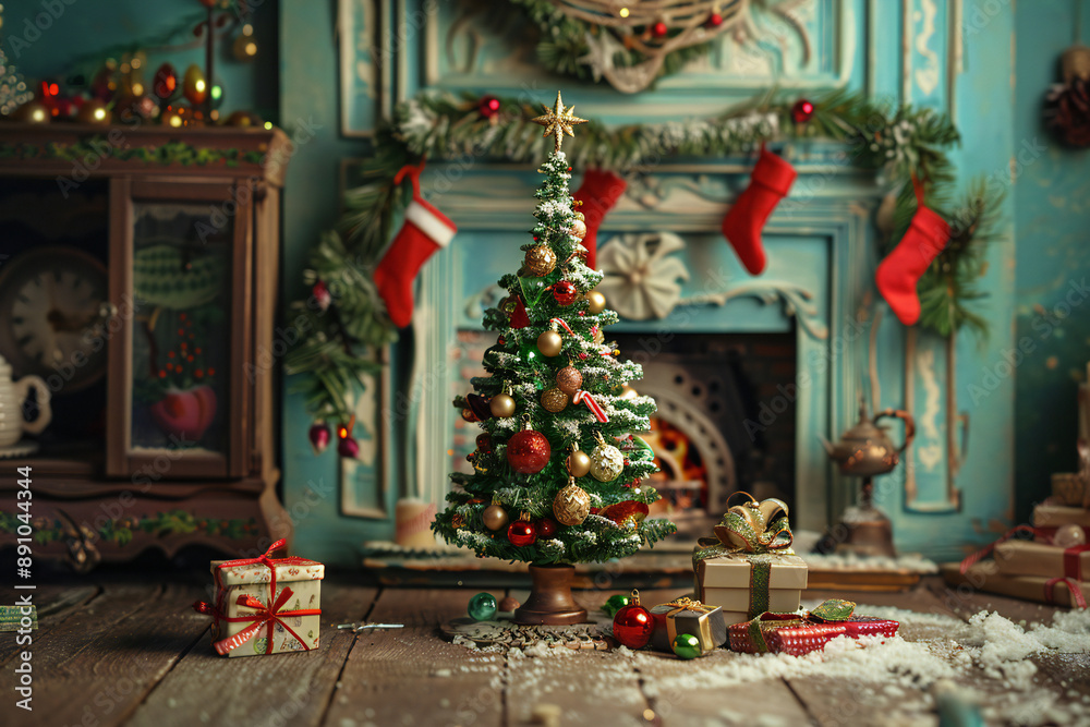 Fototapeta premium Cozy Living Room with Christmas Tree, Festive Decorations, and Holiday Spirit by the Fireplace