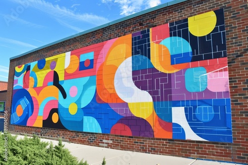 Abstract Geometric Mural on Brick Wall