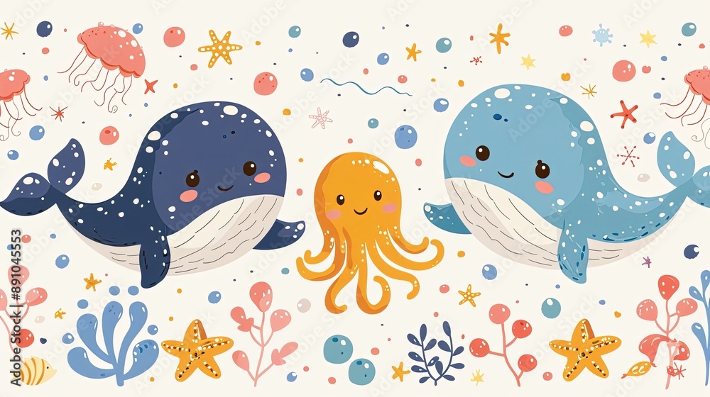 vector, illustration, pattern design for kids fashion with cute whale, crab, octopus, jellyfish drawing as vector vector, illustration, pattern design for kids fashion with cute whale, crab, octopus, jellyfish drawing as vector