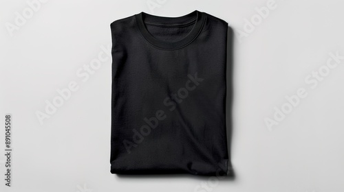 Folded Black T-Shirt with a Simple and Clean Design, Featuring a Solid Black Color Against a White Background, Ideal for Showcasing Minimalist Apparel and Fashion Essentials