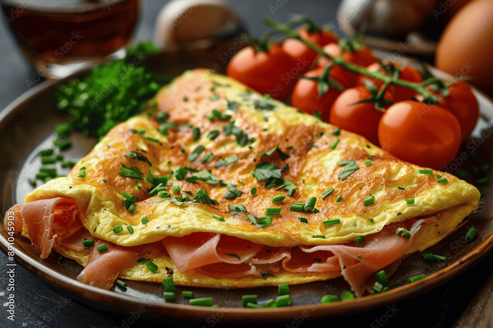 Omelette with Ham and Chives on Rustic Plate with Salmon and Fresh Herbs Omelette with Ham and Chives on Rustic Plate with Salmon and Fresh Herbs