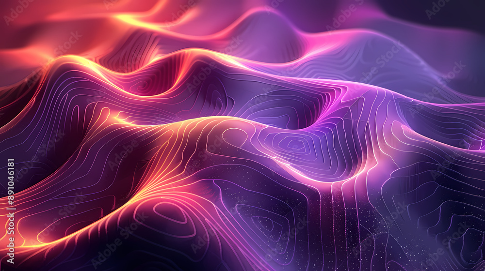 Vibrant abstract landscape with dynamic waves in glowing purple and orange hues, representing topographical lines and gradients. Vibrant abstract landscape with dynamic waves in glowing purple and orange hues, representing topographical lines and gradients.