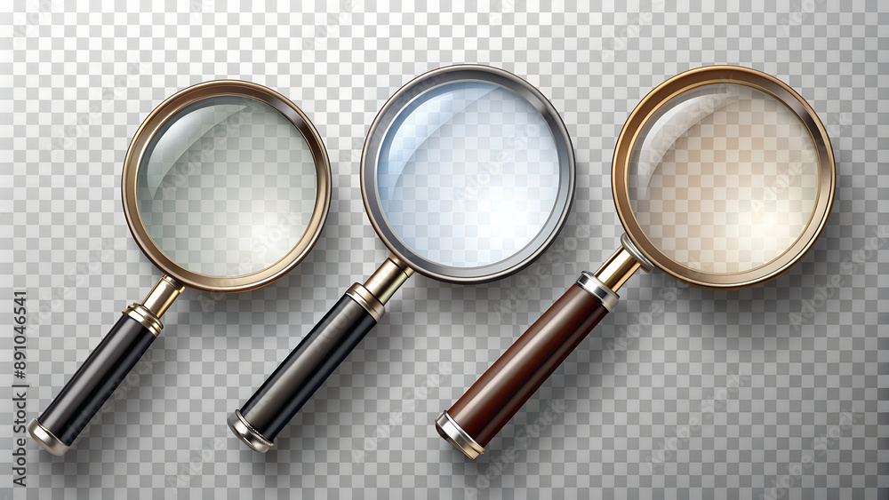 Three magnifying glasses with different handles on transparent background