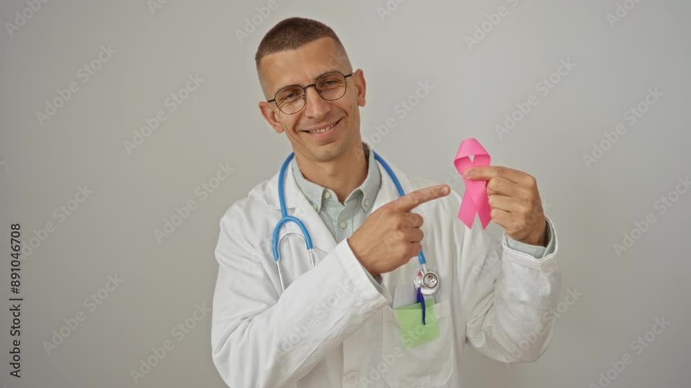 Caucasian man wearing stethoscope pointing at pink ribbon while smiling and happy over an isolated white background Caucasian man wearing stethoscope pointing at pink ribbon while smiling and happy over an isolated white background