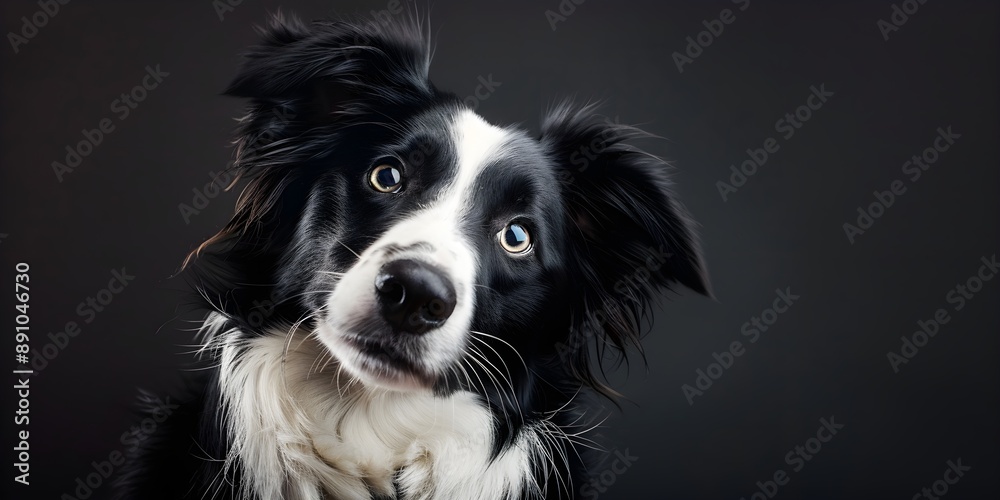 Fototapeta premium Border collie dog sitting and tilting its head, looking at the camera with a cute, inquisitive face
