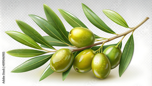 Fresh green olives on branch with leaves isolated on transparent background