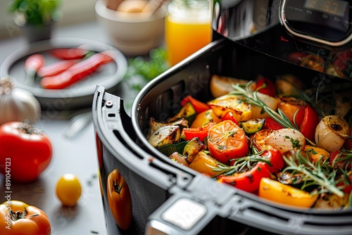 Air Fryer with Basket of Roasted Vegetables