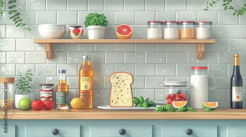 vector, illustration, Morning breakfast ingredients for sandwich laying on kitchen table concept. Vector flat cartoon graphic design illustration