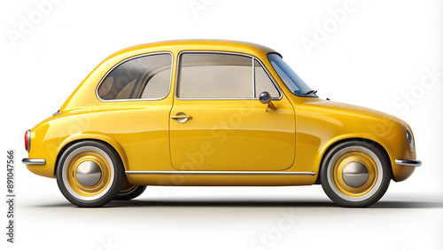 Vintage yellow compact car side view on white background