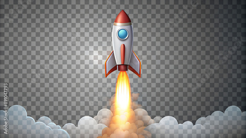 Cartoon-style rocket launching with fire and smoke isolated on a transparent background.