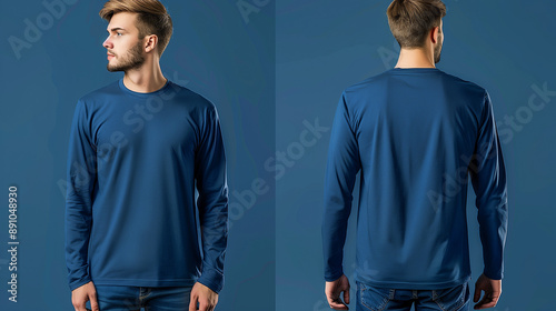 Blue long sleeved t-shirt mock up, front and back view, isolated. Male model wear plain navy blue shirt mockup. Long sleeve shirt design template. Blank tees for print 